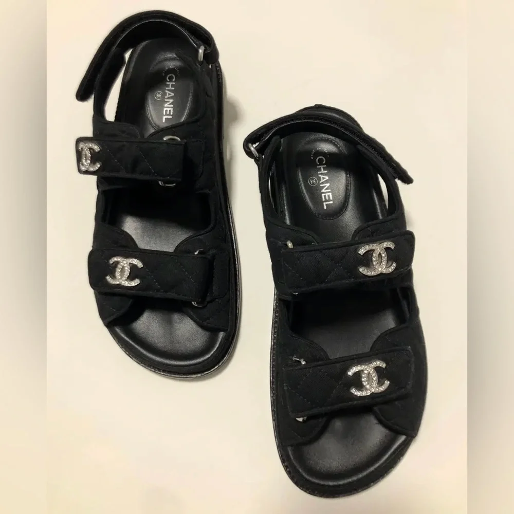 CHANEL Black Quilted Logo Dad Sandals – Size 7 – 100% Authentic - Picture 2 of 5